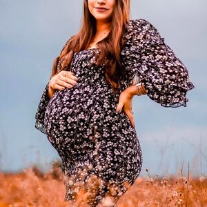 Petal & Pup Bump Friendly Black Floral Bodycon Midi Dress w sleeves